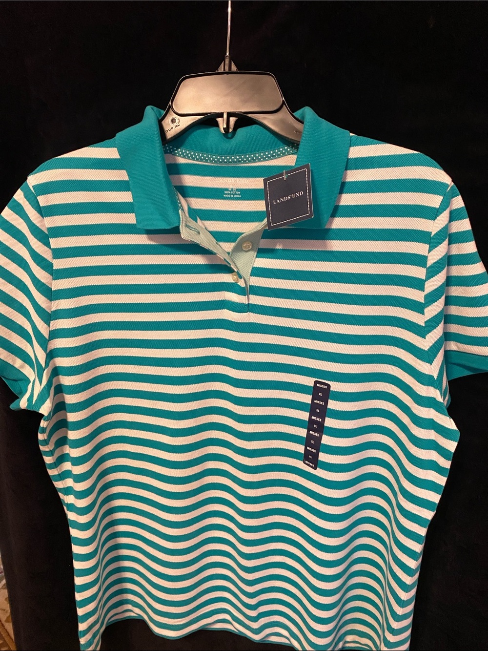 Lands' End Teal & White Striped Short Sleeve Polo